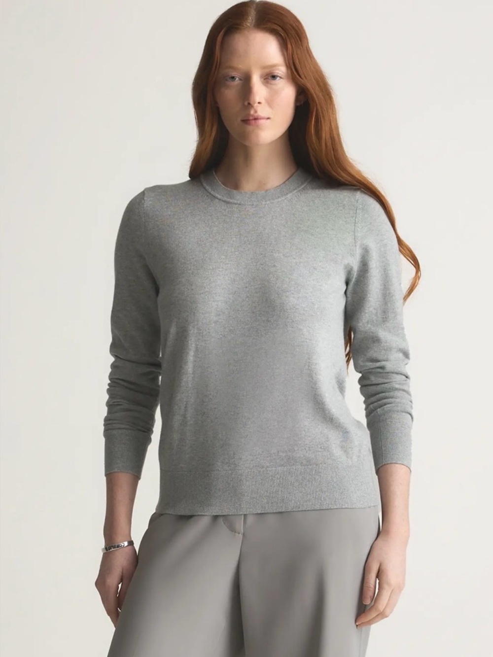 Quince Lightweight Cotton Cashmere Crewneck Grey Knit Long Sleeve Sweater
